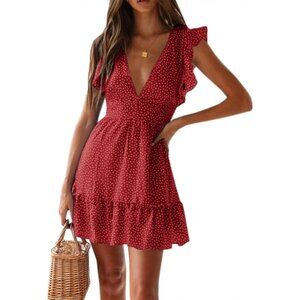 Women's Summer Dress V Neck Boho Floral Smocked Dress Puffy Sleeve Mini Dress